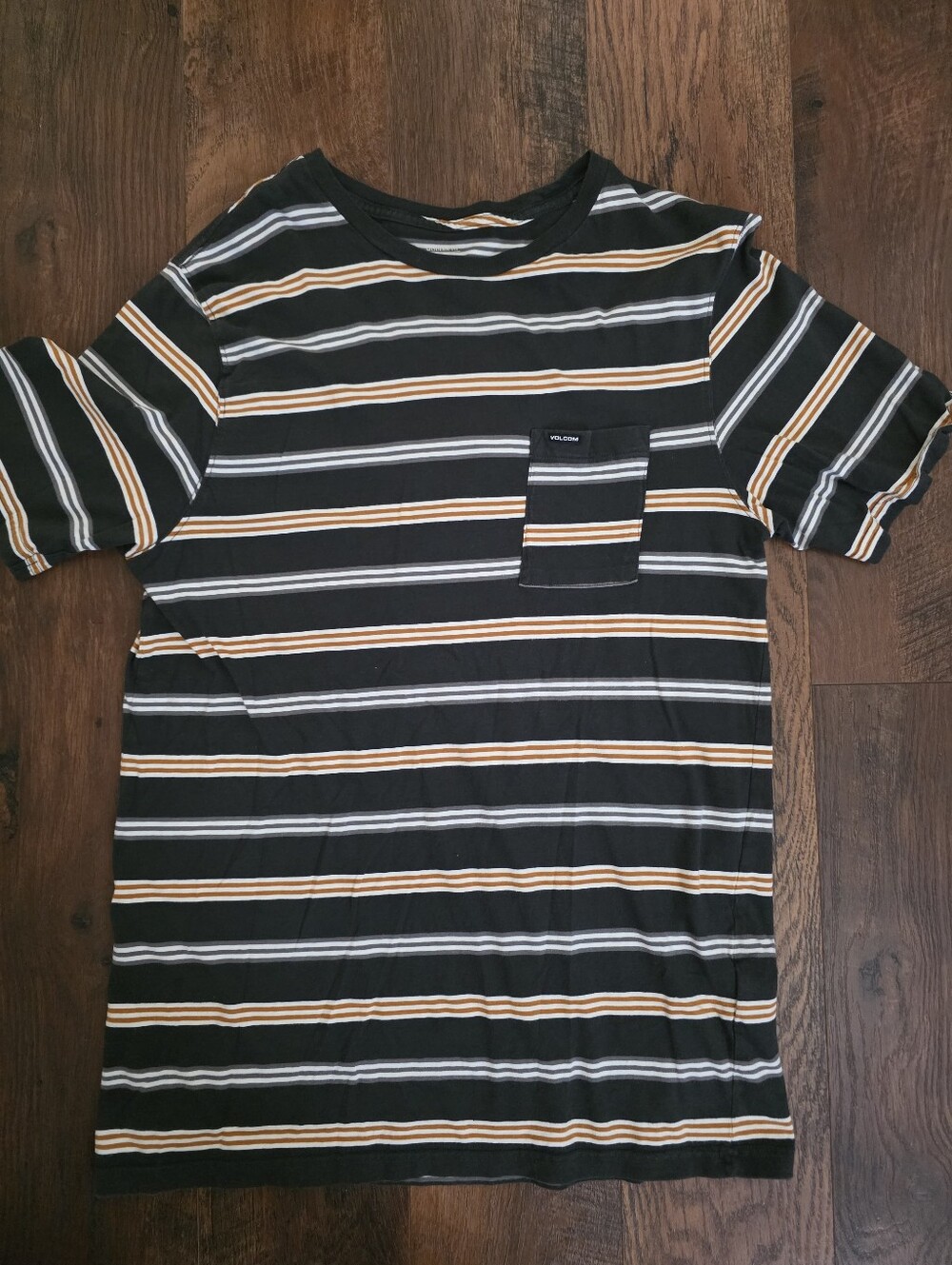 Volcom Black Striped Pocket Tee with Tan & White Accents